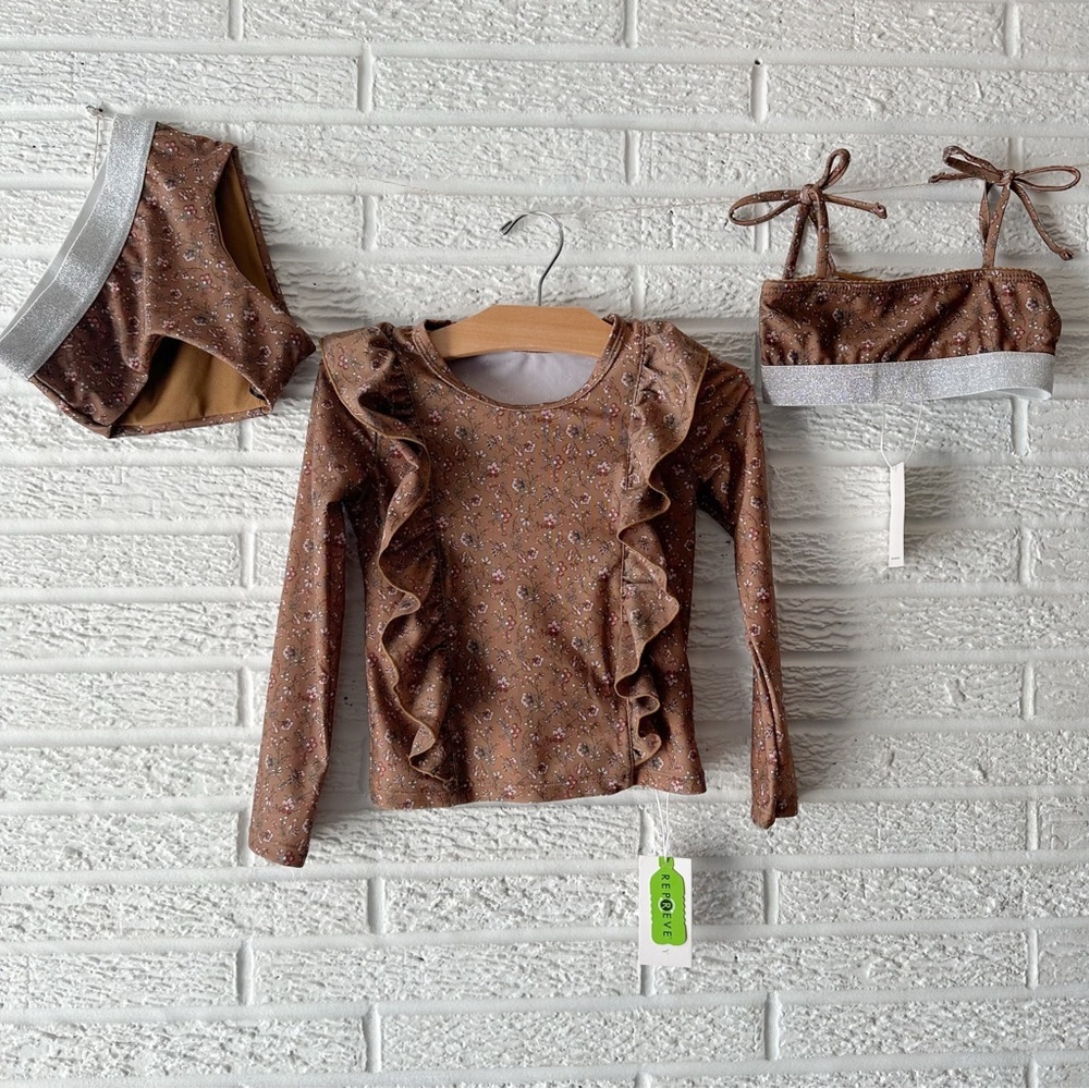 NWT Jamie Kay Swim Bundle/Top, Bottoms, RashGuard/Amelie Floral/Brown/Silver